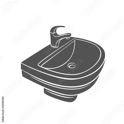 Bathroom sink for house plumbing glyph icon, vector cut monochrome badge.