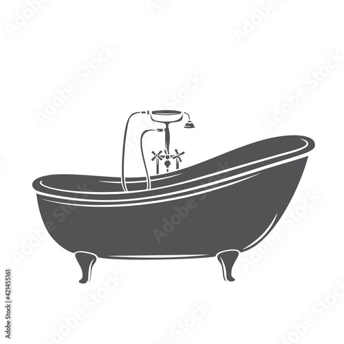 Bathtub icon for house plumbing glyph icon, vector cut monochrome badge.