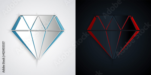 Paper cut Diamond icon isolated on grey and black background. Jewelry symbol. Gem stone. Paper art style. Vector