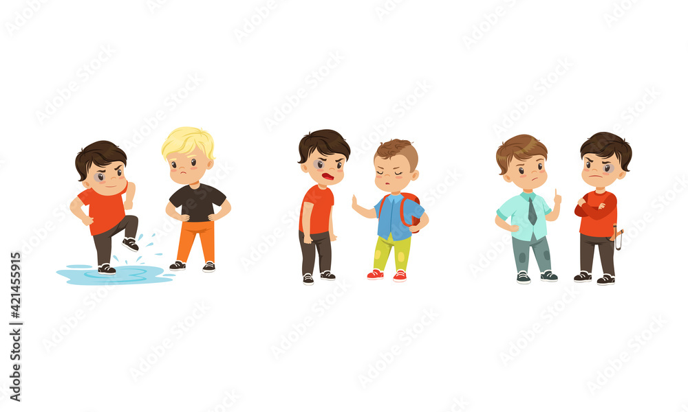 Brave Little Boy Standing Up Against Bullying and Warring Behavior Vector Set Brave Little Boy Standing Up Against Bullying and Warring Behavior Vector Set