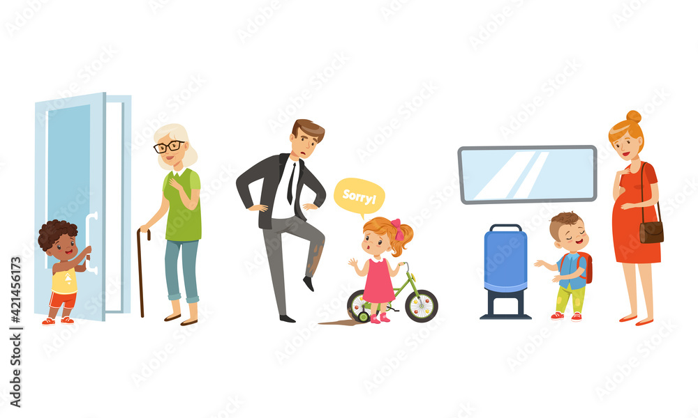 Little Boy Opening Door to Senior Woman and Girl Apologizing for Throwing Mud at Man Vector Illustration Set Little Boy Opening Door to Senior Woman and Girl Apologizing for Throwing Mud at Man Vector Illustration Set