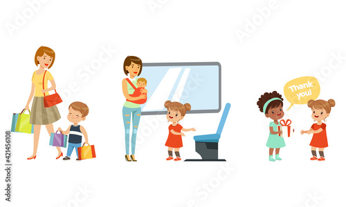 Polite Girl Yielding a Seat to Woman with Baby in Public Transport and Boy Carrying Shopping Bags Vector Illustration Set