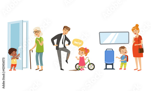 Little Boy Opening Door to Senior Woman and Girl Apologizing for Throwing Mud at Man Vector Illustration Set