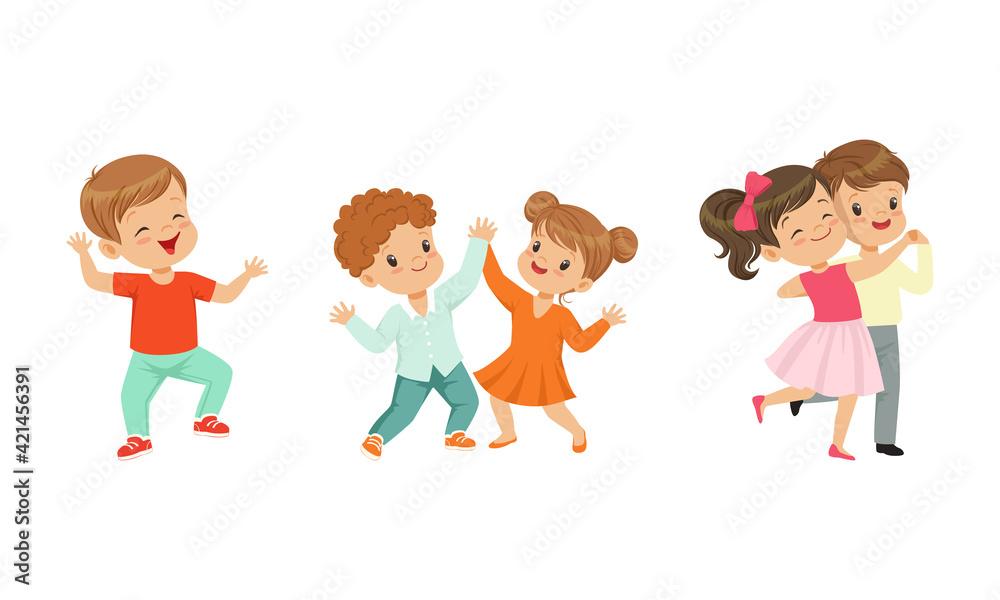 Little Boy and Girl Dancing in Pairs and Moving to Music Vector Illustration Set Little Boy and Girl Dancing in Pairs and Moving to Music Vector Illustration Set