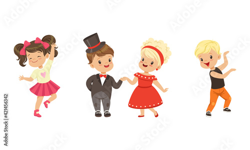 Little Boy and Girl Dancing in Pairs and Moving to Music Vector Illustration Set