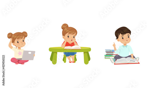 Cute Little Kids with Pile of Books Studying and Learning Gaining Knowledge Vector Set