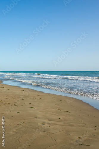 Sandy beach of Mediterranean sea, half sky, Vertical photo horizon in the middle, sunny day. Karadere, Patara, Turkey