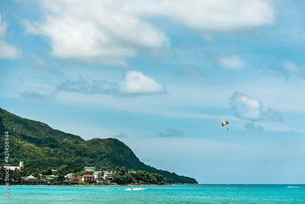 Landscape view on ocean and tropical island.