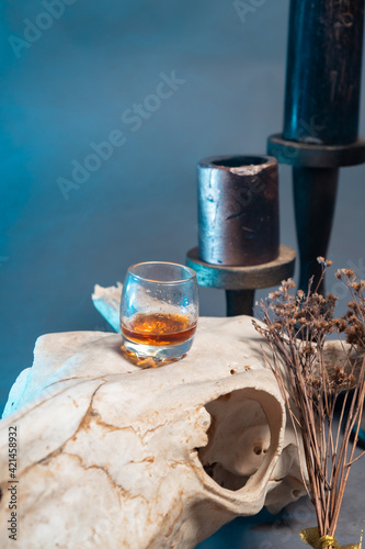 A glass of whiskey stands on the skull of an animal on a gray background