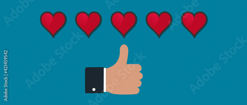 Thumbs Up Concept With Hand And Rating Hearts - Vector Illustration Isolated On Monochrome Background