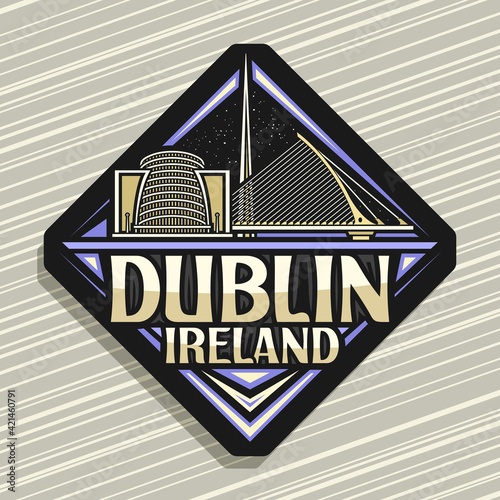 Photography Vector logo for Dublin, dark rhombus road sign with outline illustration of european dublin city scape on dusk sky background, decorative fridge magnet with unique lettering for words dublin, ireland