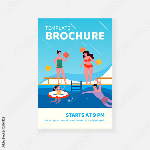 Sad fat girl and her slim friend at swimming pool. Swimwear, bathing, water. Flat vector illustration. Resort, summer activity, overweight problem concept for banner, website design or landing