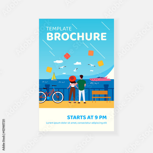 Couple enjoying vacation. Man and woman walking on promenade at sea. Flat vector illustration. Leisure, seaside, holiday concept for banner, website design or landing web page