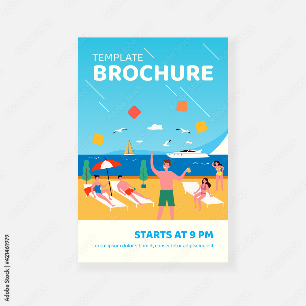 Happy young people relaxing on beach at sea. Drinking cocktails, getting tan, yacht. Flat vector illustration. Recreation, summer activity, party concept for banner, website design or landing web page