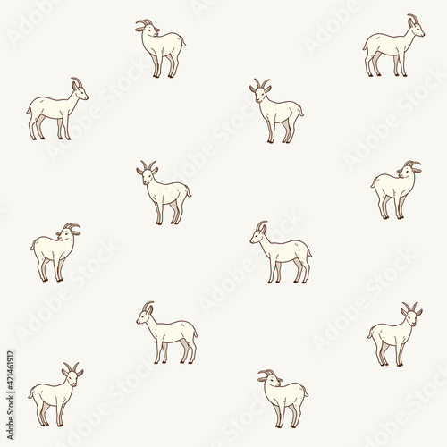 Cartoon goat - seamless trendy pattern with animal in various poses. Contour vector illustration for prints, clothing, packaging and postcards.