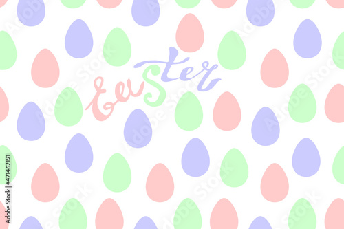 EASTER - handwritten calligraphy inscription. Pink red purple green multicolor word lettering with ornamental eggs around. Vector holiday poster, seamless pattern, decoration