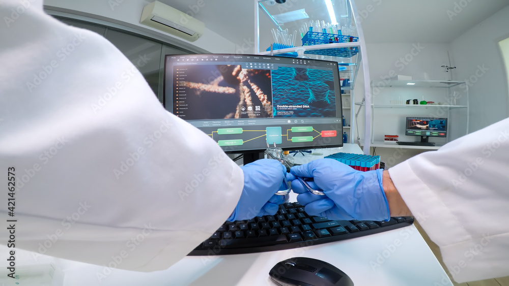 FPV of doctor researcher putting chemical glass vessel with blue