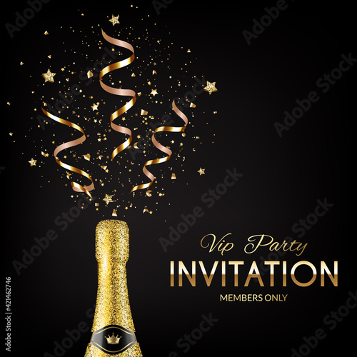 Vip party invitation with glitter champagne bottle and gold ribbons.