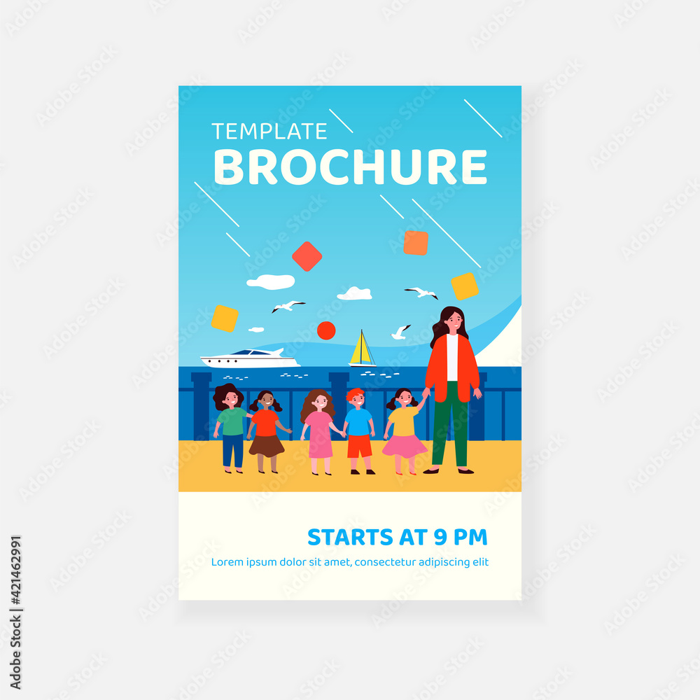 Diverse group of kids and teacher walking on promenade at sea. Schoolchildren, childhood, seaside. Flat vector illustration. Leisure at sea concept for banner, website design or landing web page Diverse group of kids and teacher walking on promenade at sea. Schoolchildren, childhood, seaside. Flat vector illustration. Leisure at sea concept for banner, website design or landing web page