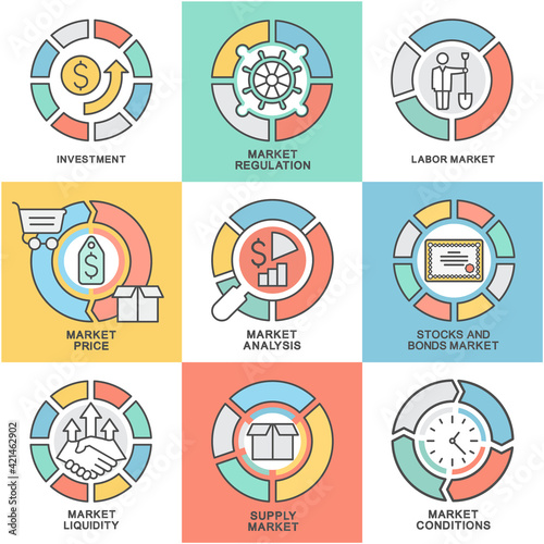 Icons set – market economy. The system of economic relationships associated with borrowing, issuing, buying, selling securities, precious metals, currencies and other investment instruments. 