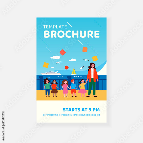 Diverse group of kids and teacher walking on promenade at sea. Schoolchildren, childhood, seaside. Flat vector illustration. Leisure at sea concept for banner, website design or landing web page
