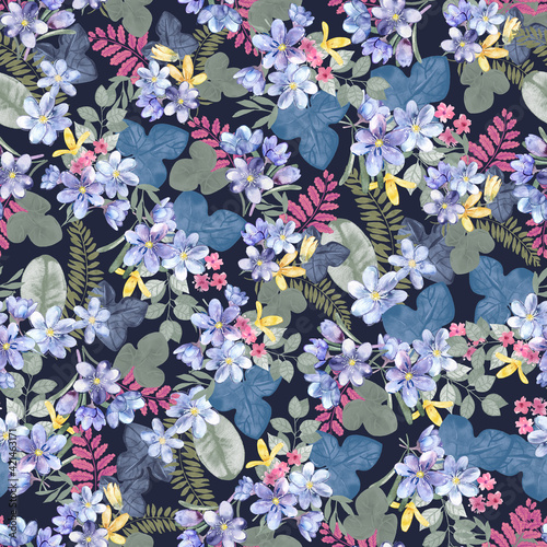 Watercolor seamless pattern with Hepatica nobilis, spring wild flowers background. Perfect for greeting cards, wedding invitations, parties