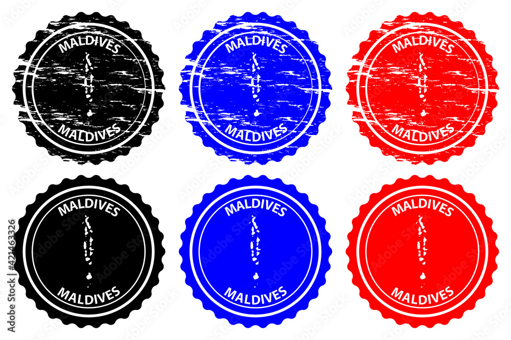 Maldives - rubber stamp - vector, Republic of Maldives map pattern - sticker - black, blue and red