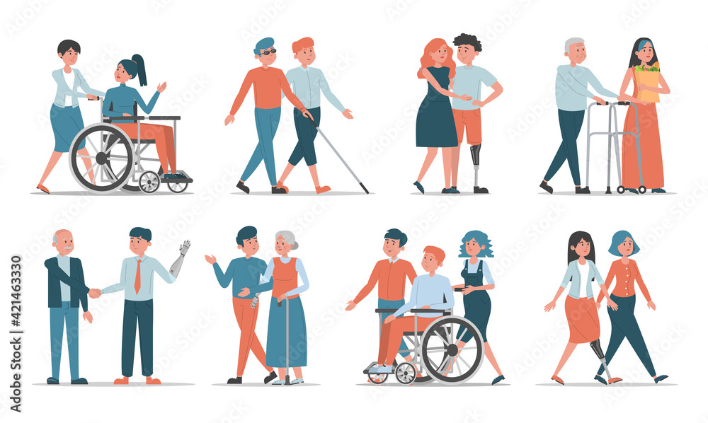 Set of disabled people with friends and family vector isolated. Idea of help and support. Happy characters spend time together. People with disability communicate othe people.