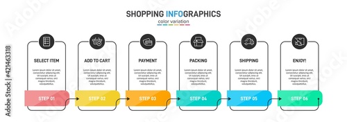 Concept of shopping process with 6 successive steps. Six colorful graphic elements. Timeline design for brochure, presentation, web site. Infographic design layout.