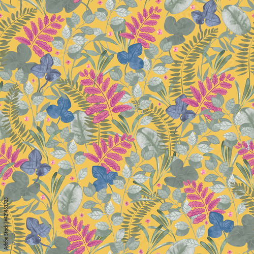 Watercolor seamless pattern with forest plants, spring wild flowers background. Perfect for greeting cards, wedding invitations, parties
