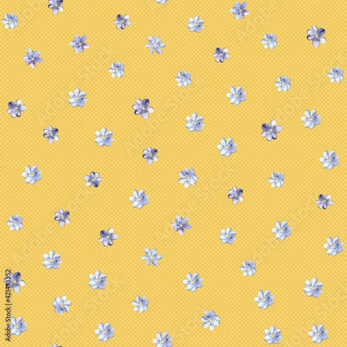 Botanical seamless pattern with watercolor Hepatica nobilis, spring wild flowers yellow background. Perfect for greeting cards, wedding invitations, parties