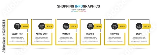 Concept of shopping process with 6 successive steps. Six colorful graphic elements. Timeline design for brochure, presentation, web site. Infographic design layout.