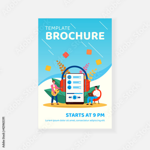 Tiny happy man listening online concert at home. Guitar, headphone, phone flat vector illustration. Entertainment and digital technology concept for banner, website design or landing web page