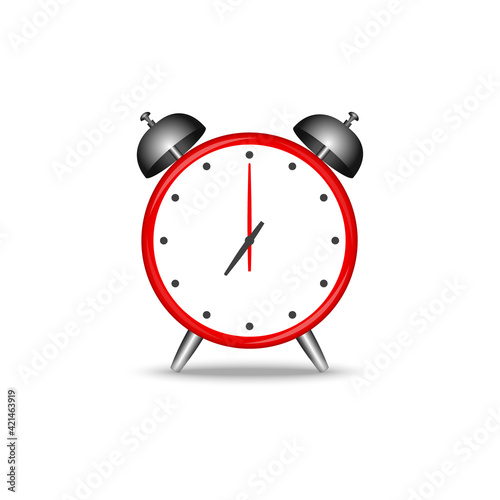 Alarm clock in red color isolated on white background. Vector illustration.