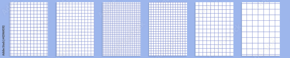 Fototapeta premium Grid paper set. Abstract squared background with color graph. Geometric pattern for school, wallpaper, textures, notebook. Lined blank A4 isolated on transparent background. Millimeter graph grid.