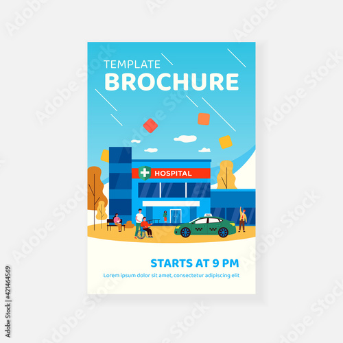 Patients, nurse, visitors and taxi in front of hospital. Wheelchair, baby, car flat vector illustration. Building exterior and medicine concept for banner, website design or landing web page