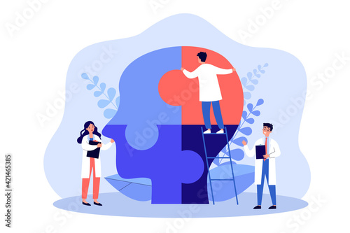 Psychologists doctors people connecting jigsaw puzzle pieces of head. Mental health support flat vector illustration. Psychological help concept for banner, website design or landing web page