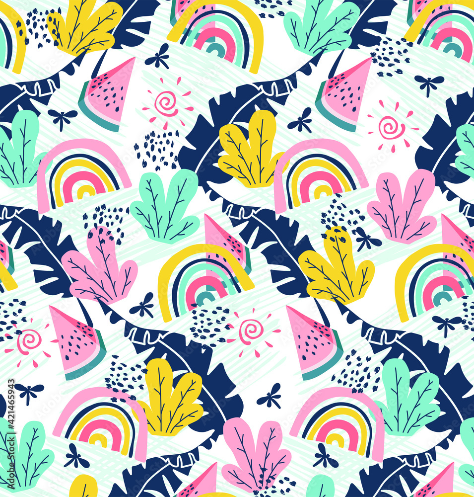 
Vector heavenly and tropical pattern with rainbow, watermelon, leaves and doodle art. Trendy kids background for textiles and typography.