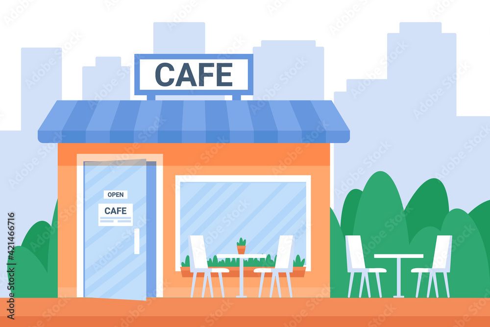 Street open cafe exterior house in city with window and glass door. Coffee shop urban building facade. City cafe. Vector flat illustration