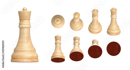 Set of white wooden queen chess pieces in 9 angled views isolated on white background. 3d render illustration. 