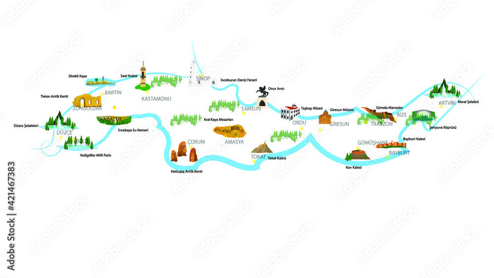 Obraz premium Turkey's historical and touristic places. Black sea region. Touristic places. Vector images.