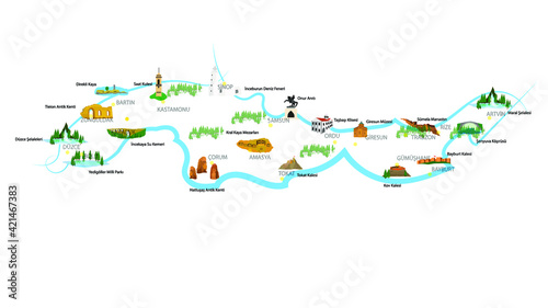 Turkey's historical and touristic places. Black sea region. Touristic places. Vector images.