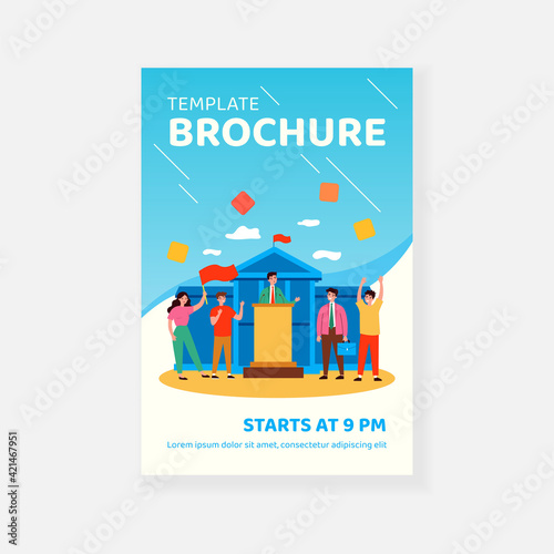 Minister speaking before audience at parliament government building. Crowd of people giving support to political speaker or election candidate. Vector illustration for politics, democracy concept