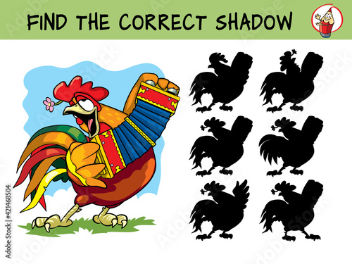 Rooster playing the accordion. Find the correct shadow. Educational game for children. Cartoon vector illustration