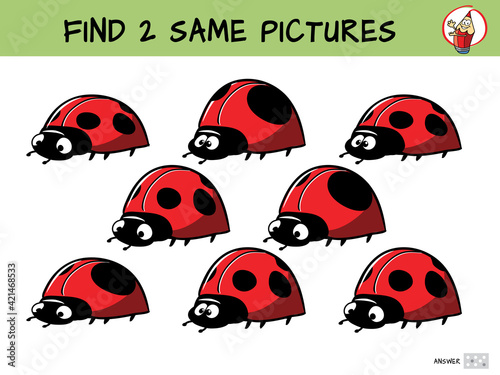 Funny ladybugs. Find two same pictures. Educational game for children. Cartoon vector illustration