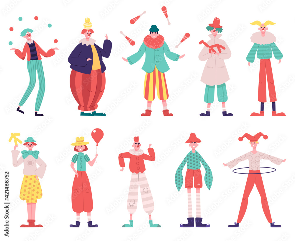Clowns characters. Circus funny clowns with red nose and circus costume  juggling and do tricks vector illustration set. Funny circus clowns Stock  Vector | Adobe Stock