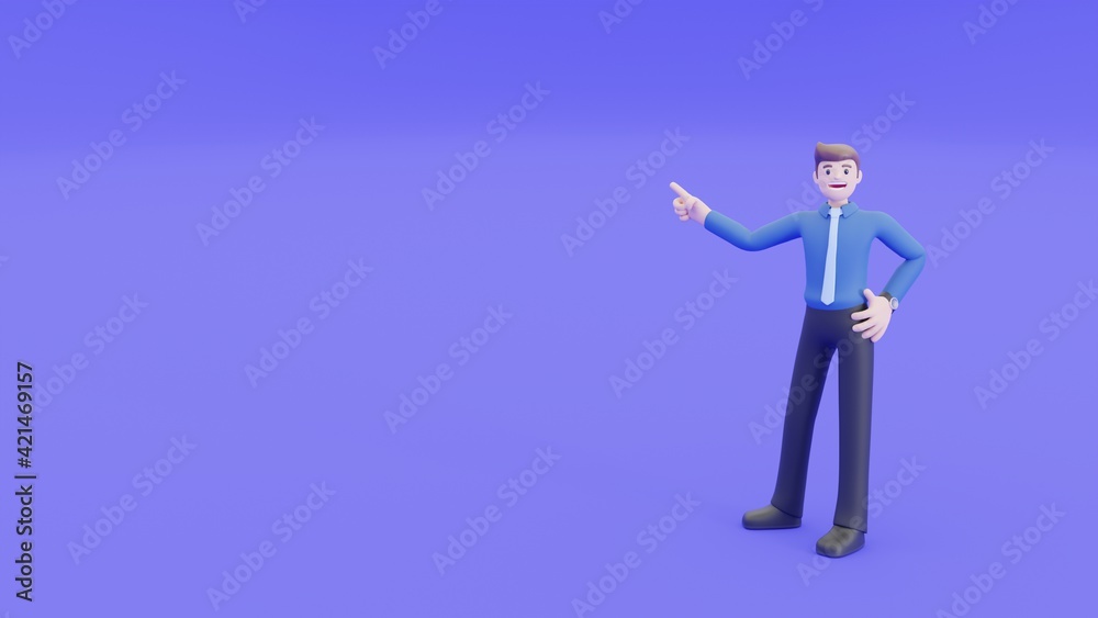 Businessman is smiling, stand and point his hand in to the air beside him. Business people in explain or presentation concept in 3d rendering. Businessman is smiling, stand and point his hand in to the air beside him. Business people in explain or presentation concept in 3d rendering.