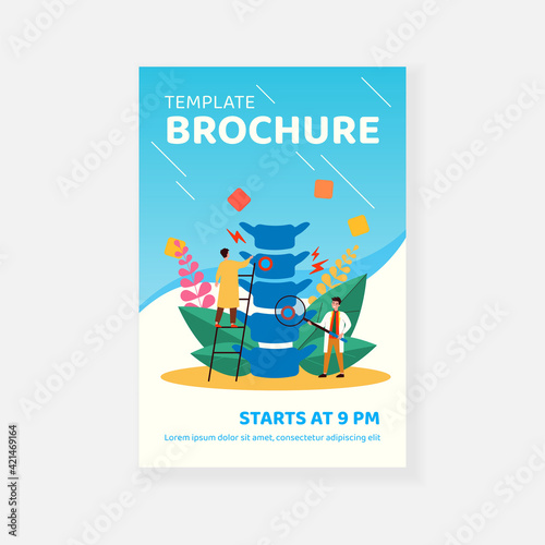 Professional tiny doctors examining spine bones flat vector illustration. Cartoon physicians treating injury or pain in back. Osteopathy treatment and diagnosis concept