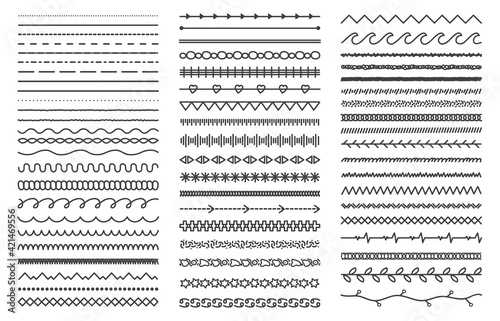 Hand drawn doodle dividers. Abstract doodle lines, decorative pencil strokes. Outline sketched dividers vector illustration set