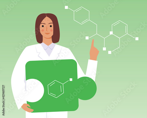 Woman scientist with puzzle and scientific formula, scientific flat vector stock illustration with smart medic